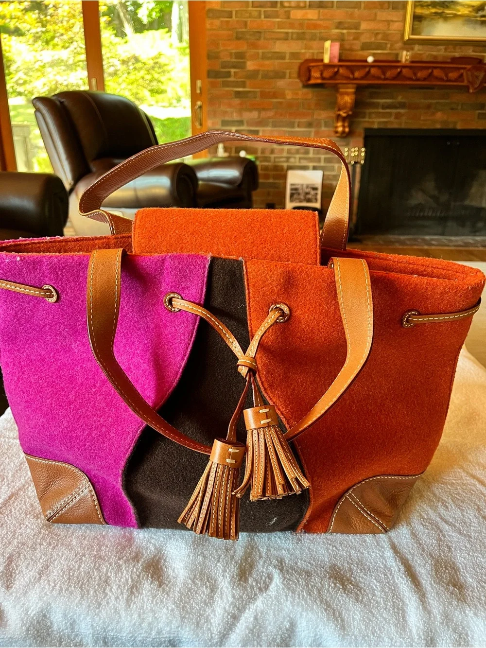 kate spade Felt Colorblock Tote in Fuchsia, Brown & Orange with Tan Trim